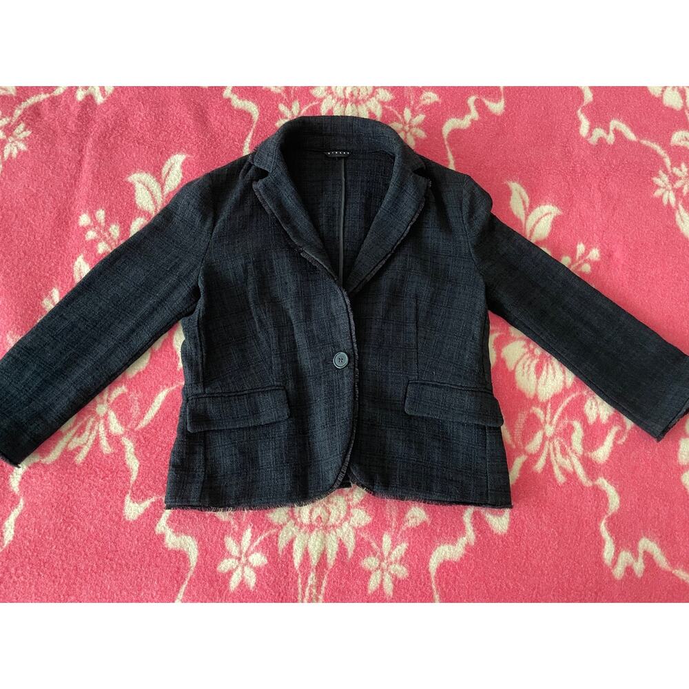 Sisley Black textured single button close blazer with fringed edging SZ 10